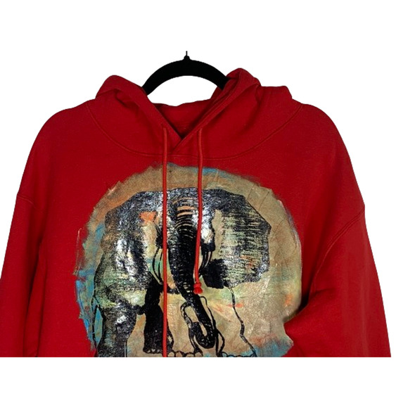 Elephant Hand Painted Unisex Size XL Hoodie Hooded Sweatshirt Red Delta Fleece - Picture 3 of 11